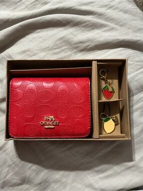Coach Red Embossed Leather Card Holder with Fruit Charms
